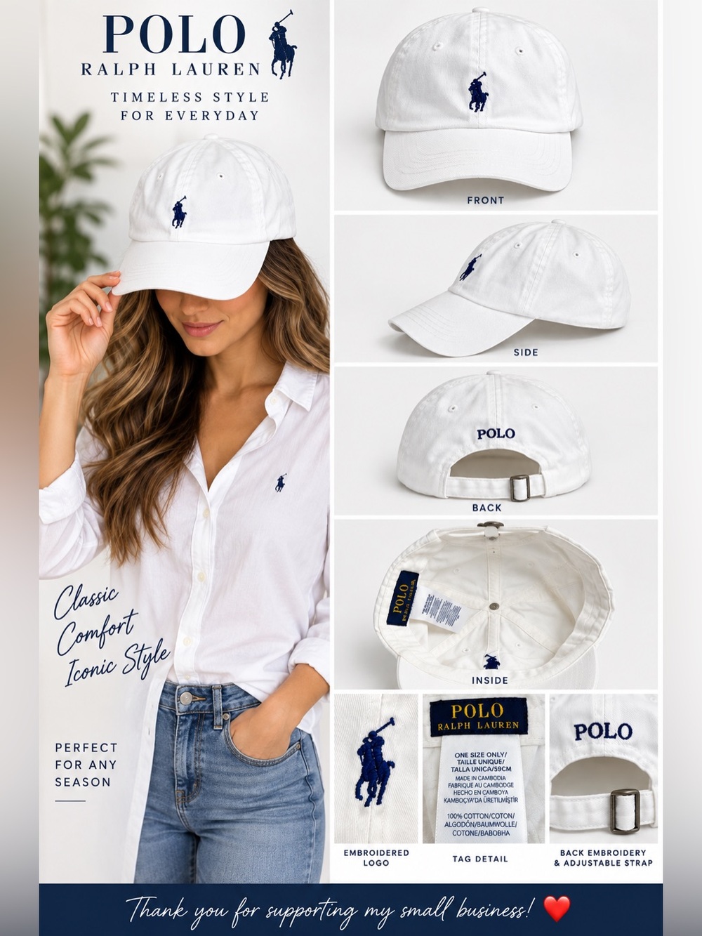 Polo Ralph Lauren White Cotton Baseball Cap Blue Pony Logo Adjustable Hat